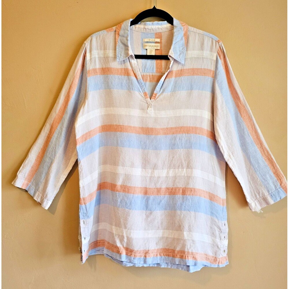 Cynthia Rowley Linen Popover Shirt Women Small Coastal Natural Boho Light size M